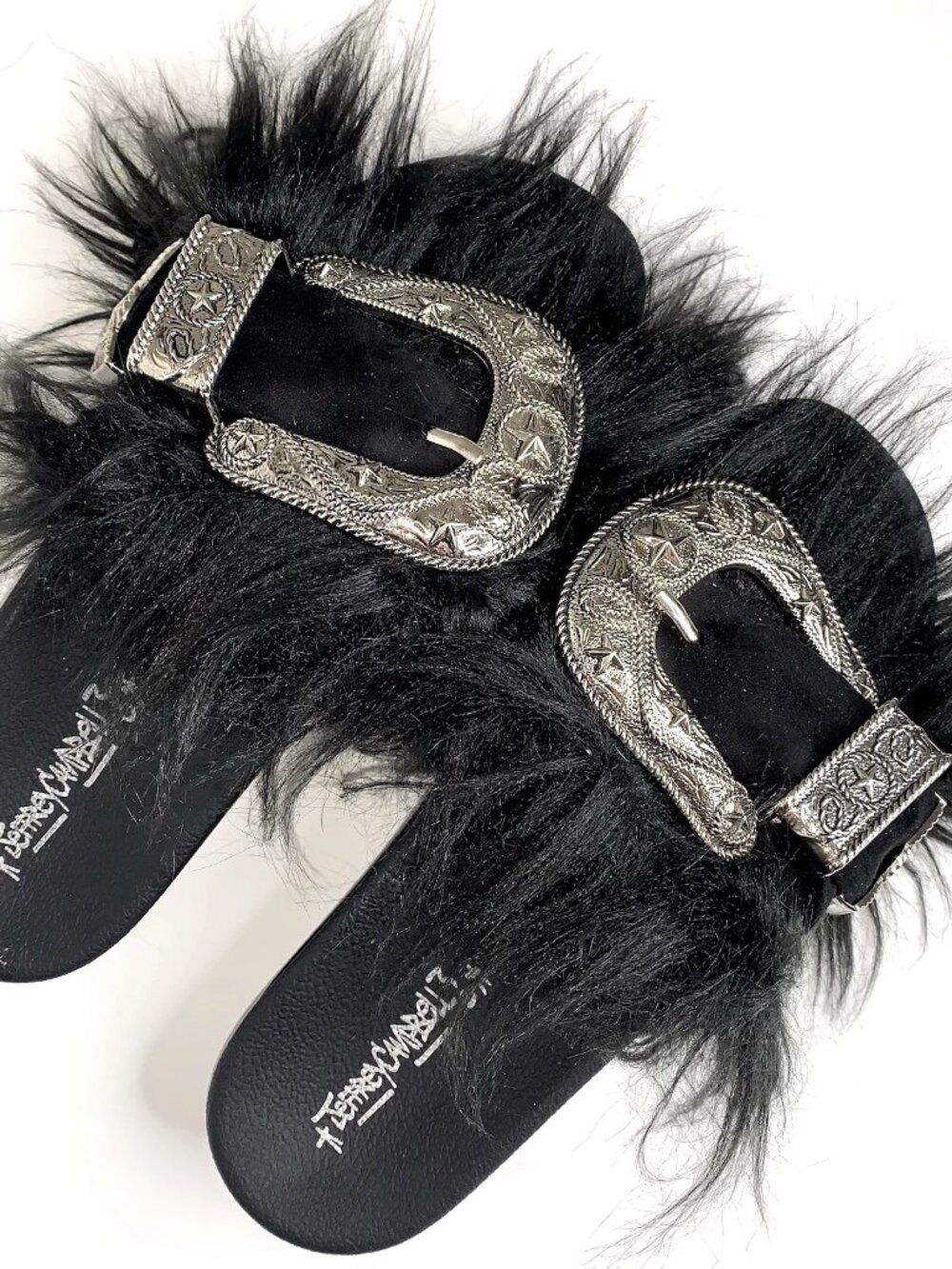 JEFFREY CAMPBELL Black Fur WESTERN BELT BUCKLE Platform SLIDES 9 Whimsygoth Y2K - Picture 5 of 8